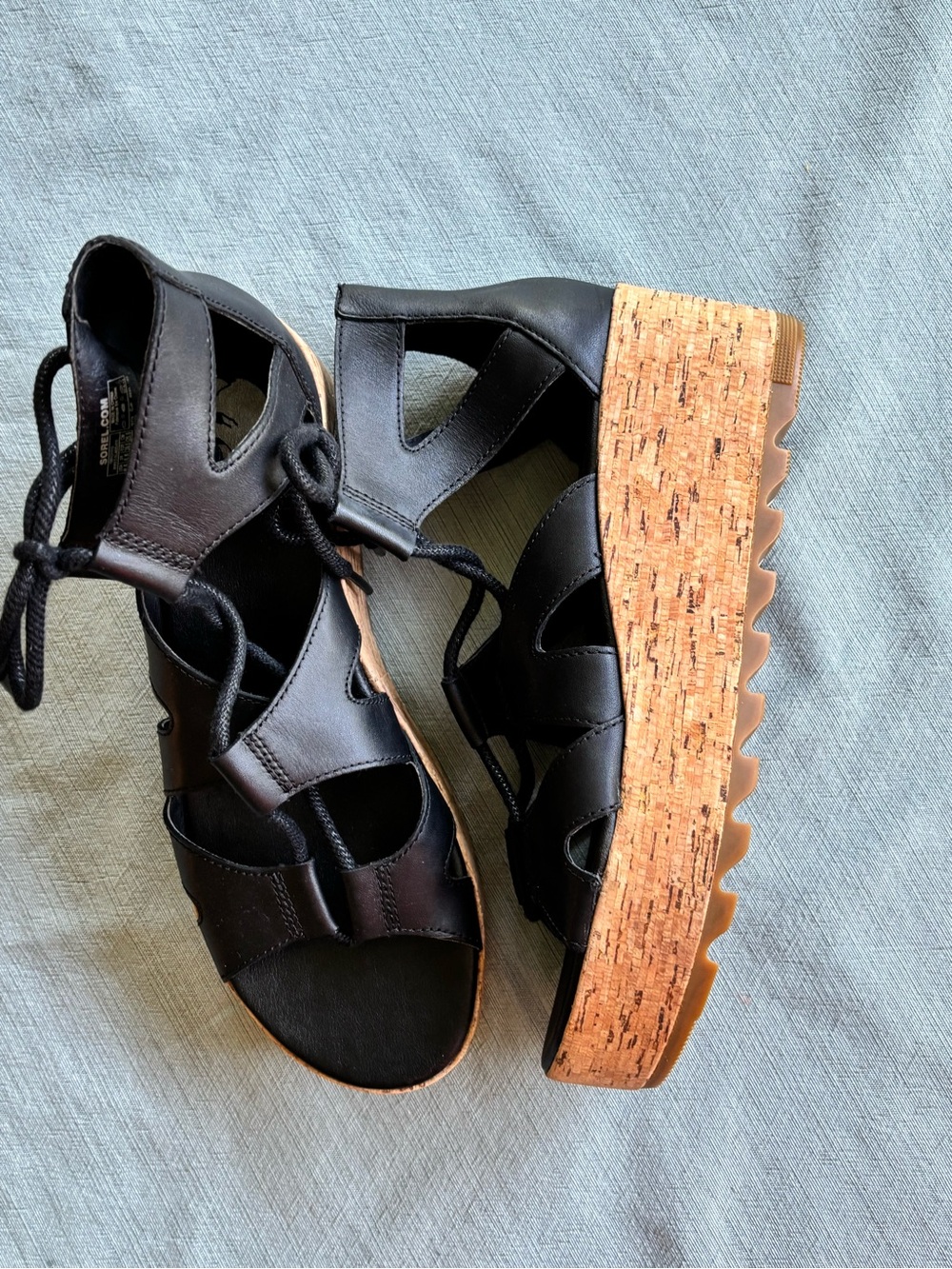 Sorel Black Lace-Up Cork Wedge Sandals - Picture 3 of 8